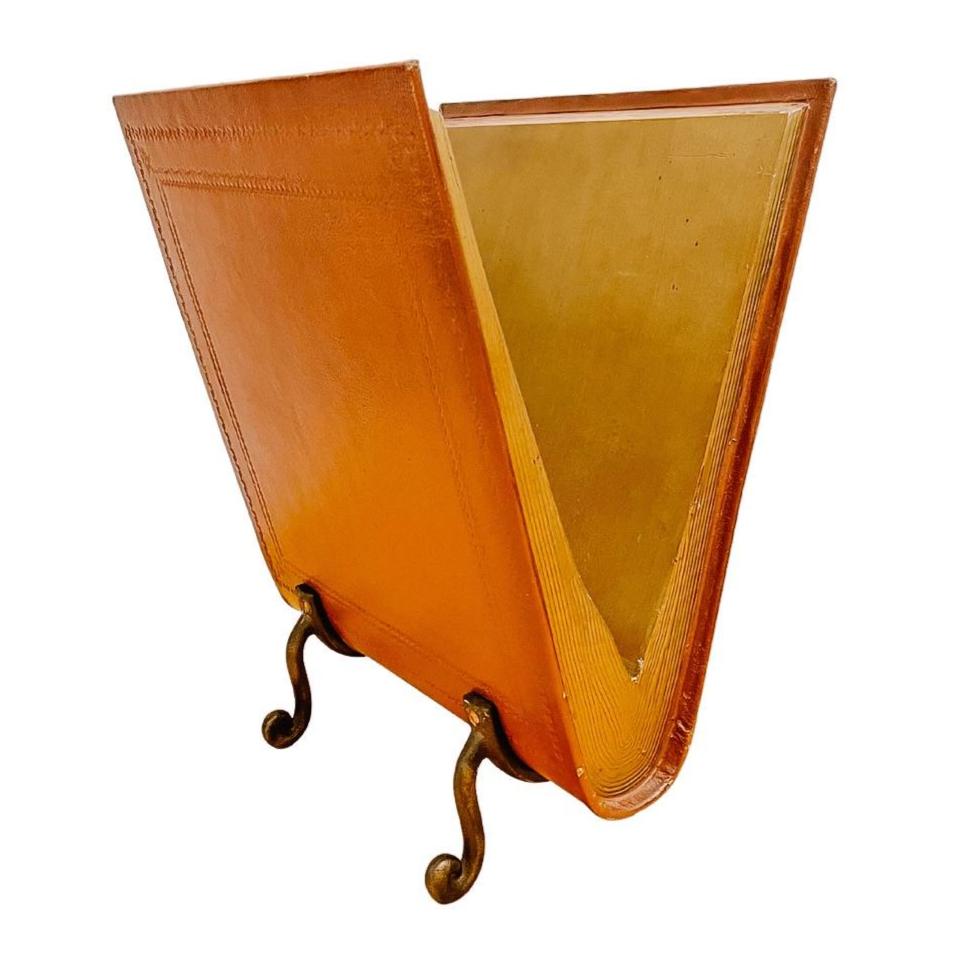 Mid-Century Brown Leather and Cast Iron Magazine Rack