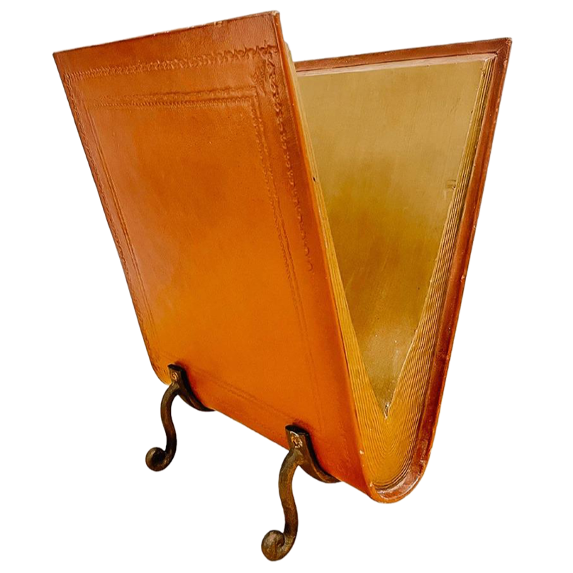 Mid-Century Brown Leather and Cast Iron Magazine Rack