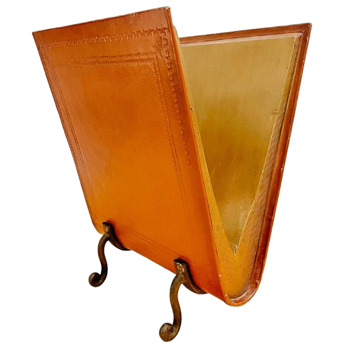 Mid-Century Brown Leather and Cast Iron Magazine Rack