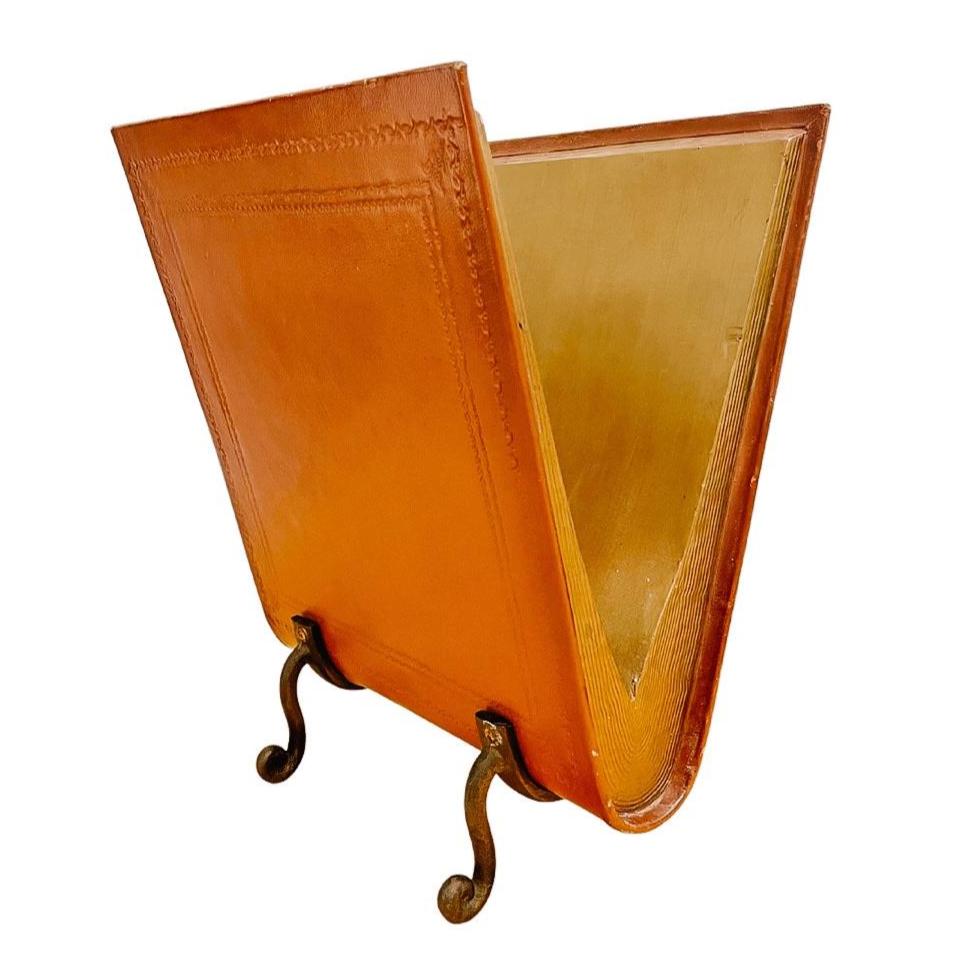 Mid-Century Brown Leather and Cast Iron Magazine Rack