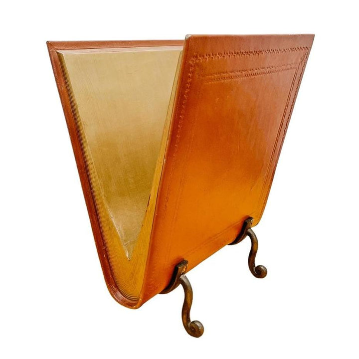 Mid-Century Brown Leather and Cast Iron Magazine Rack