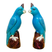 Mid-Century Chinese Porcelain Turquoise Parrot Figurines