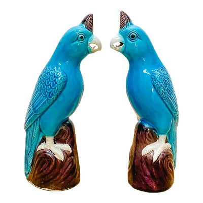 Mid-Century Chinese Porcelain Turquoise Parrot Figurines