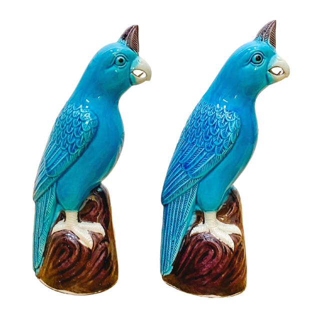 Mid-Century Chinese Porcelain Turquoise Parrot Figurines