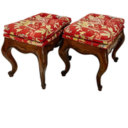 Vintage Chippendale Ottomans With Red Floral Tufted Upholstery