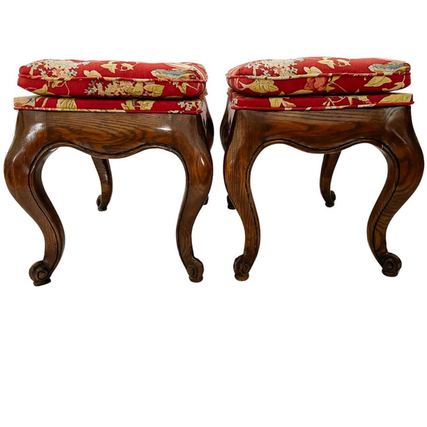 Vintage Chippendale Ottomans With Red Floral Tufted Upholstery