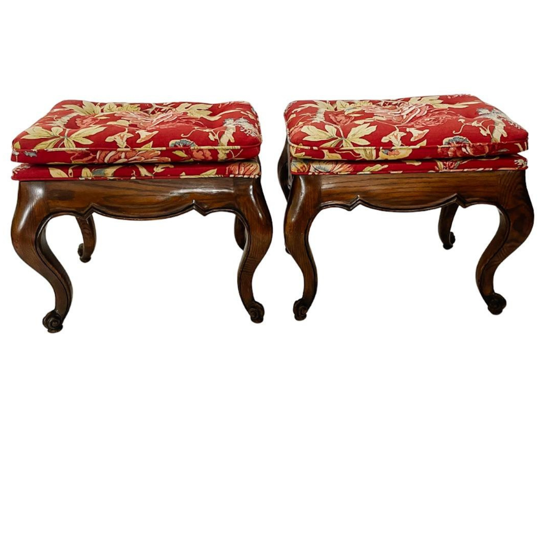 Vintage Chippendale Ottomans With Red Floral Tufted Upholstery