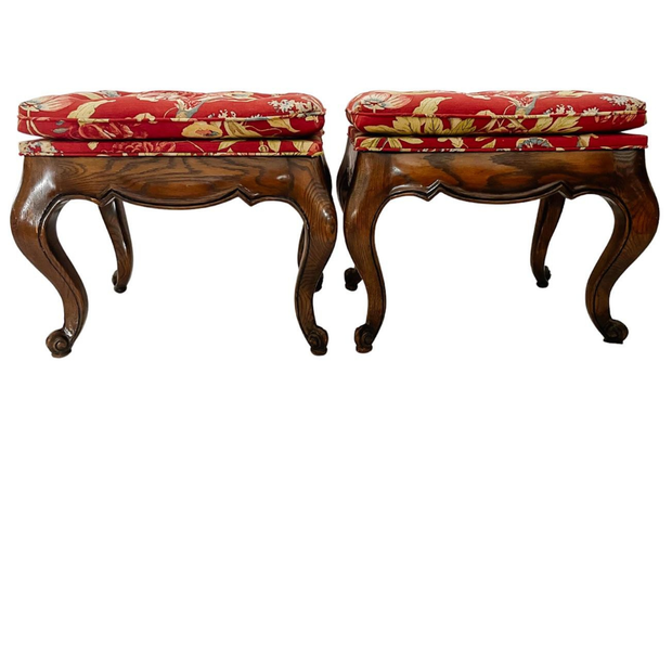 Vintage Chippendale Ottomans With Red Floral Tufted Upholstery