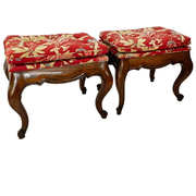 Vintage Chippendale Ottomans With Red Floral Tufted Upholstery