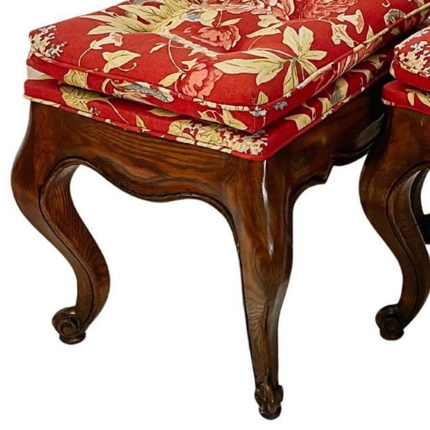 Vintage Chippendale Ottomans With Red Floral Tufted Upholstery