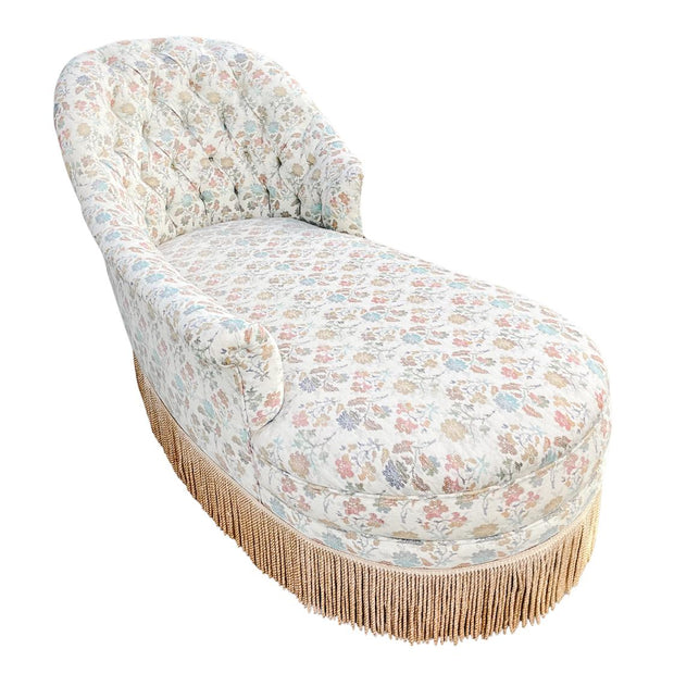 Napoleon III French Floral Tufted Chaise Lounge With Fringe