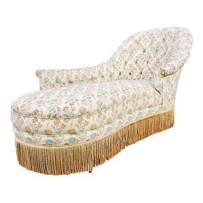 Napoleon III French Floral Tufted Chaise Lounge With Fringe