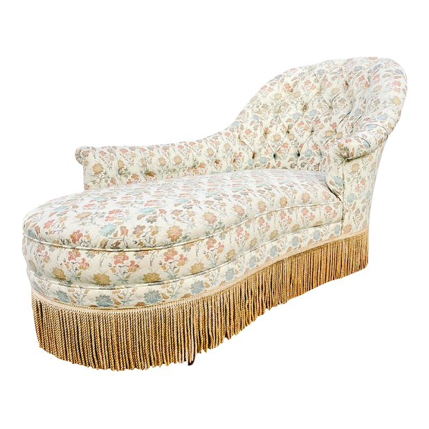 Napoleon III French Floral Tufted Chaise Lounge With Fringe