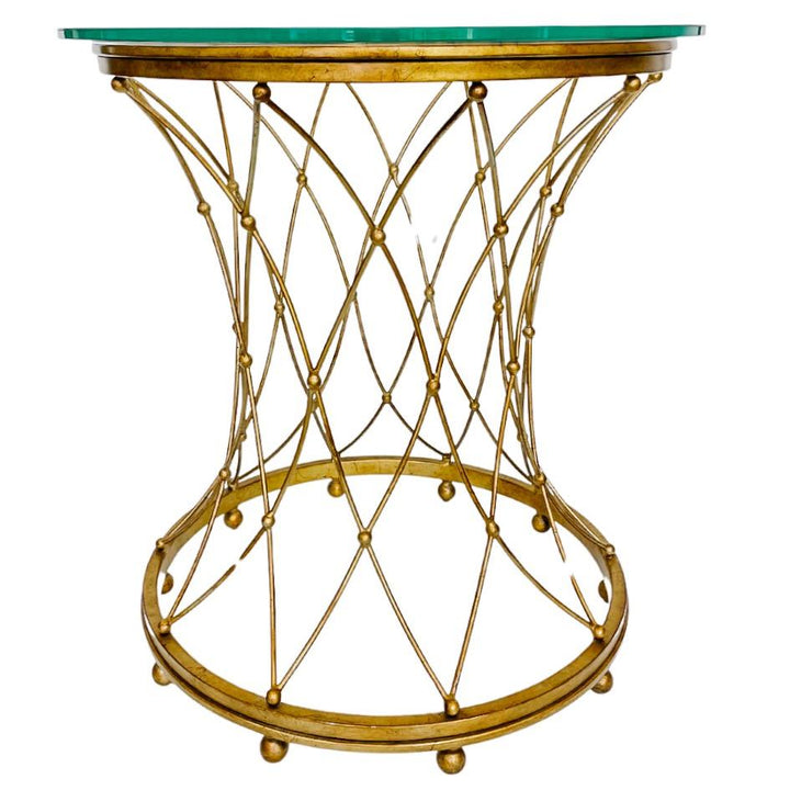 Pair Of Neoclassical Round Gilt Metal Side Tables With Glass Tops