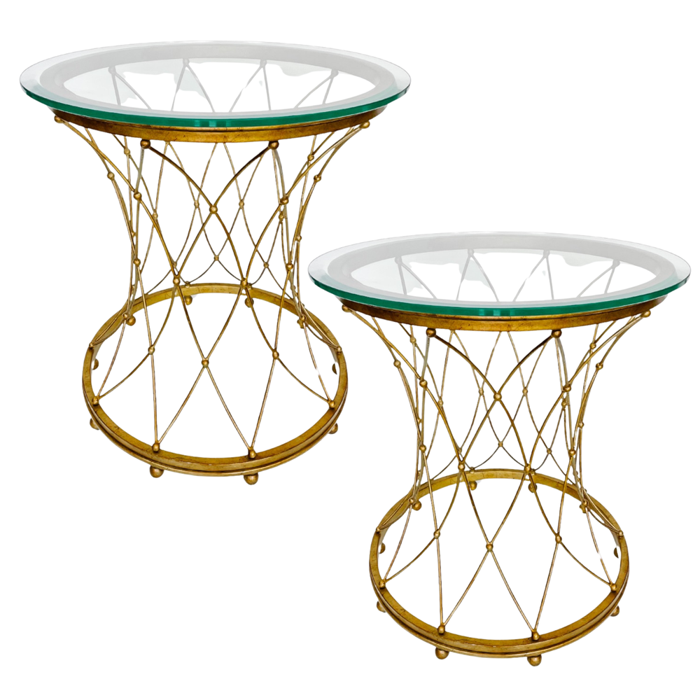 Pair Of Neoclassical Round Gilt Metal Side Tables With Glass Tops