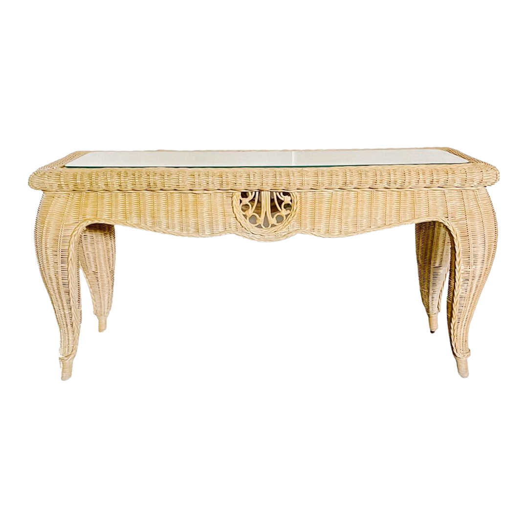 Palm Beach Coastal Woven Rattan Console Table With Glass Top