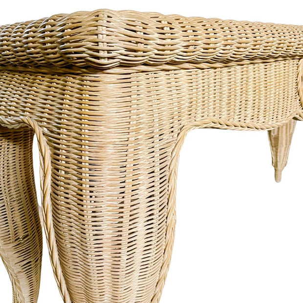 Palm Beach Coastal Woven Rattan Console Table With Glass Top