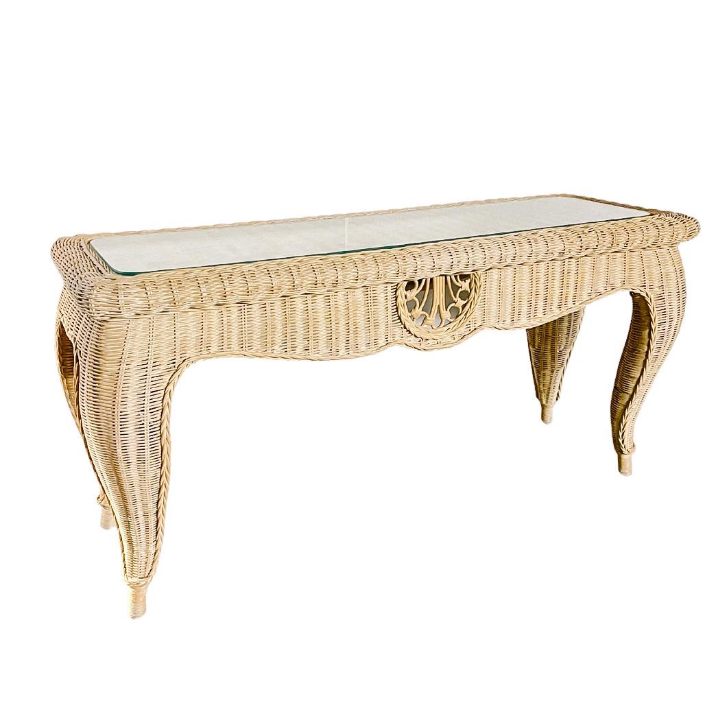 Palm Beach Coastal Woven Rattan Console Table With Glass Top