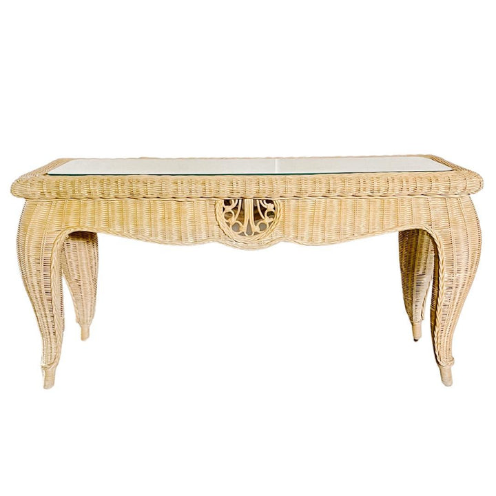 Palm Beach Coastal Woven Rattan Console Table With Glass Top