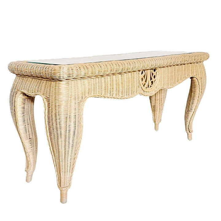 Palm Beach Coastal Woven Rattan Console Table With Glass Top