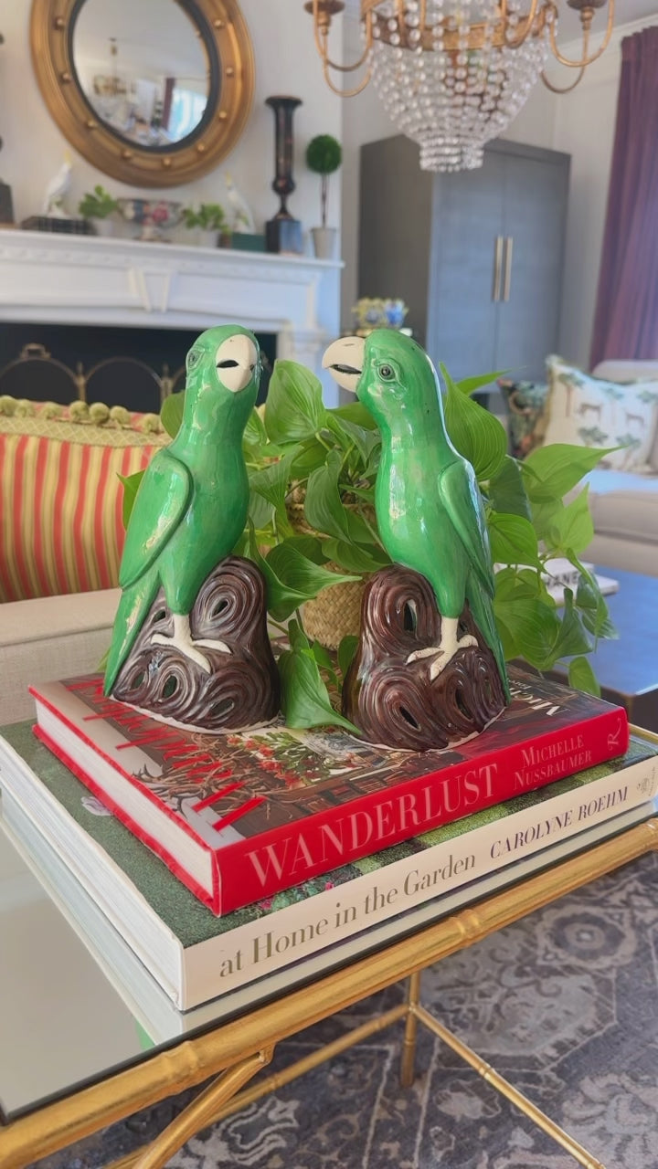 Vintage Pair of Chinese Green Majolica Parrot Figurines