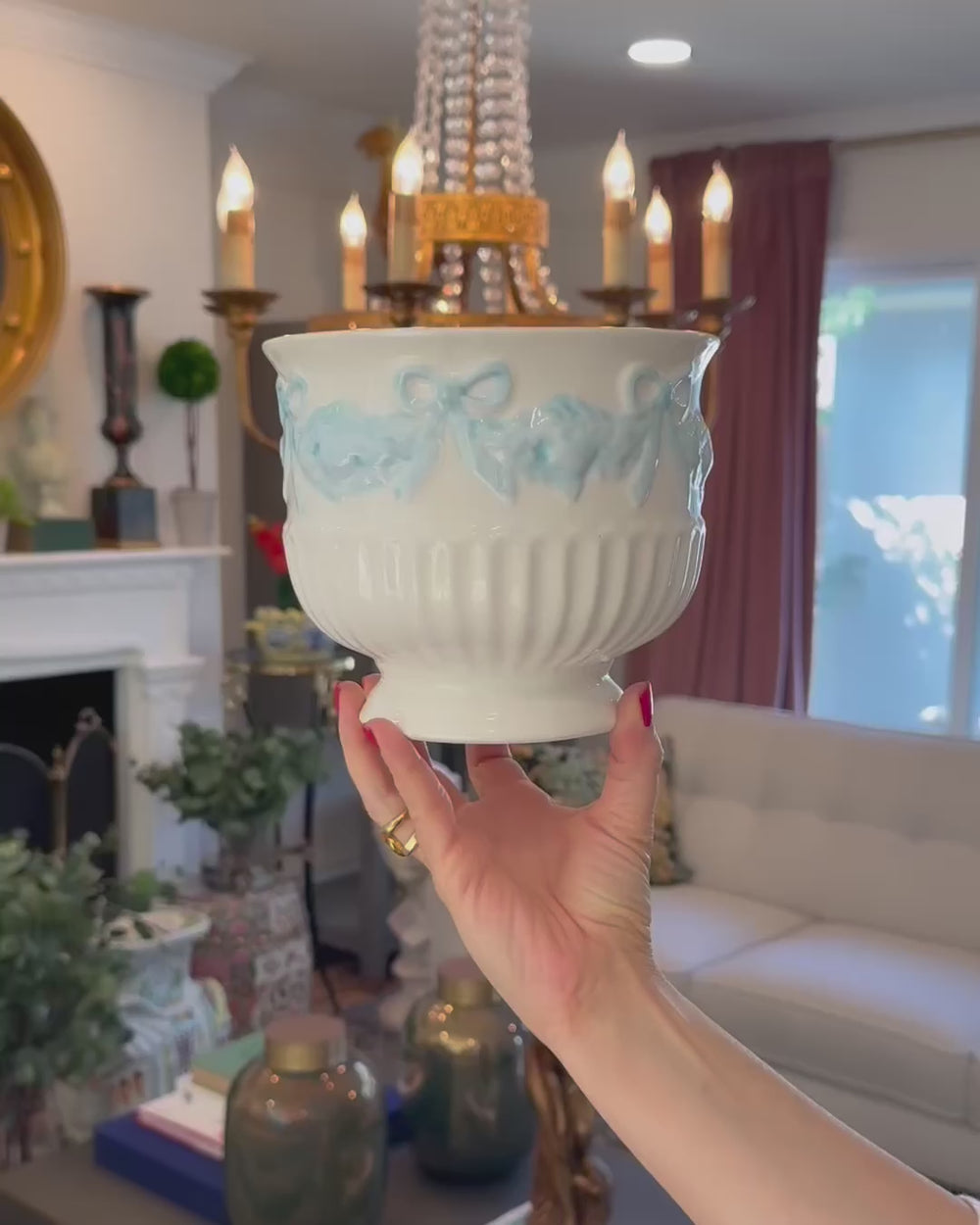 Vintage Blue & White Footed Urn Planter with Pastel Blue Ribbons & Bows