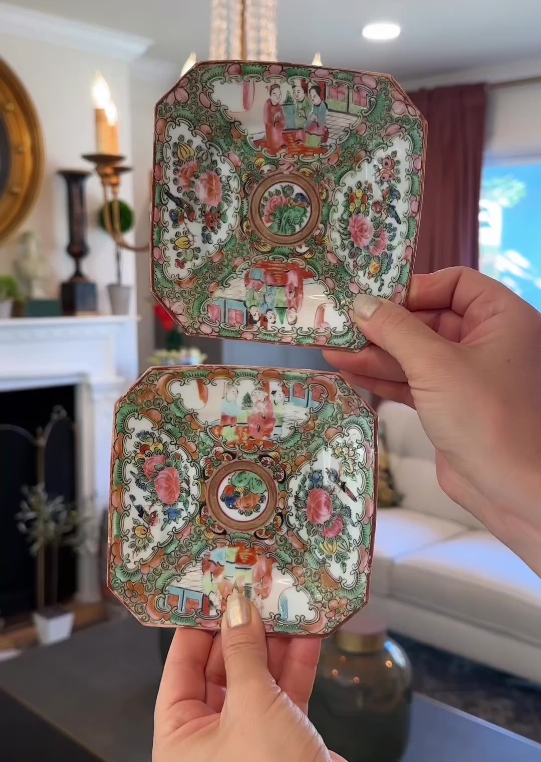 Pair of Petite Antique Octagonal Rose Medallion Plates