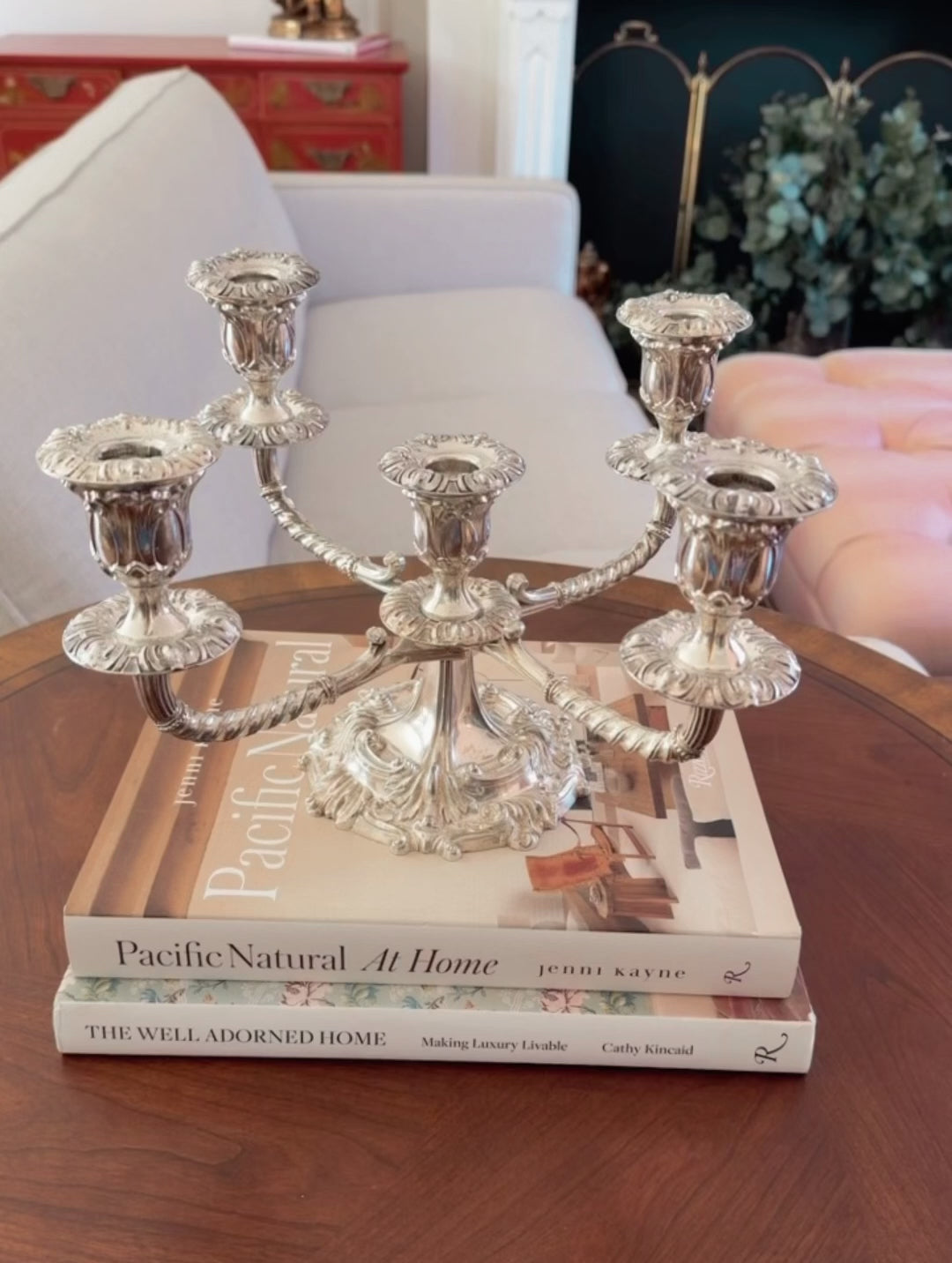 1950s English Silverplate 5-Arm Candelabra by Roberts & Belk in a Neo-Rococo Style