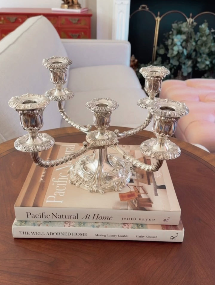 1950s English Silverplate 5-Arm Candelabra by Roberts & Belk in a Neo-Rococo Style