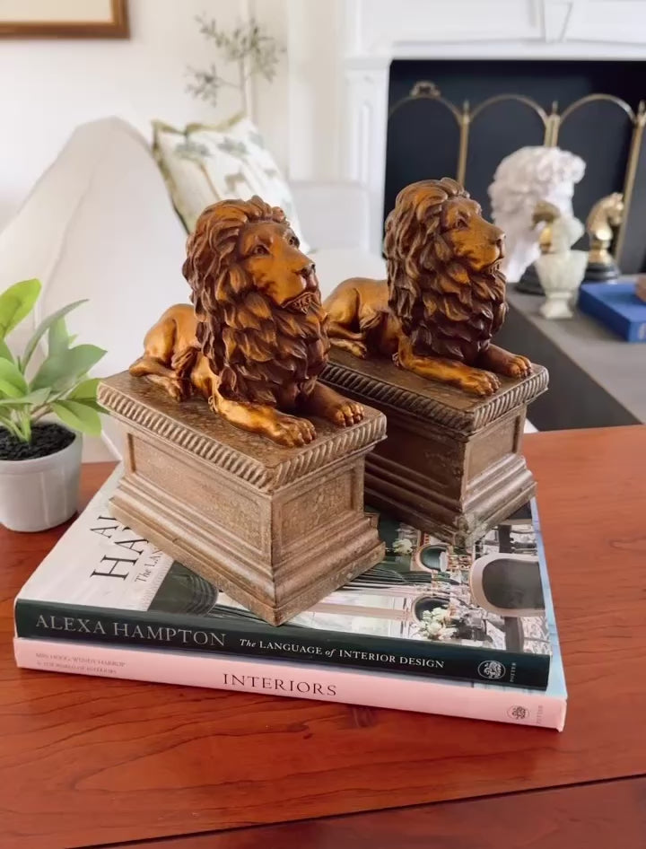 Regal Gilt Lion on Plinth Bookends