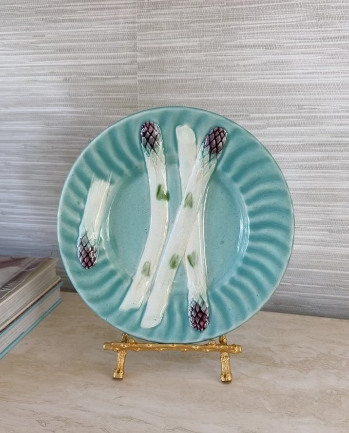 Antique French Majolica Asparagus Plate by Keller & Guérin (Luneville), C. 1890