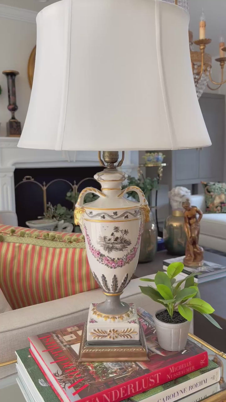 Hand-Painted Regency Style Porcelain Urn Lamp with Gilt Ram Heads