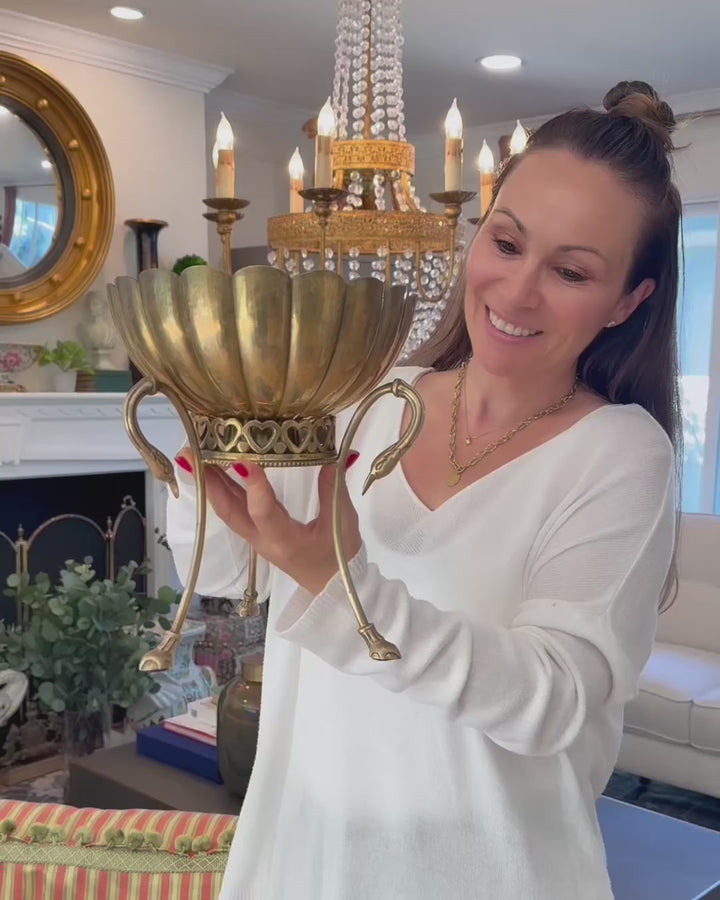 Vintage Brass Scalloped Bowl on Swan-Handled Stand with Heart Gallery