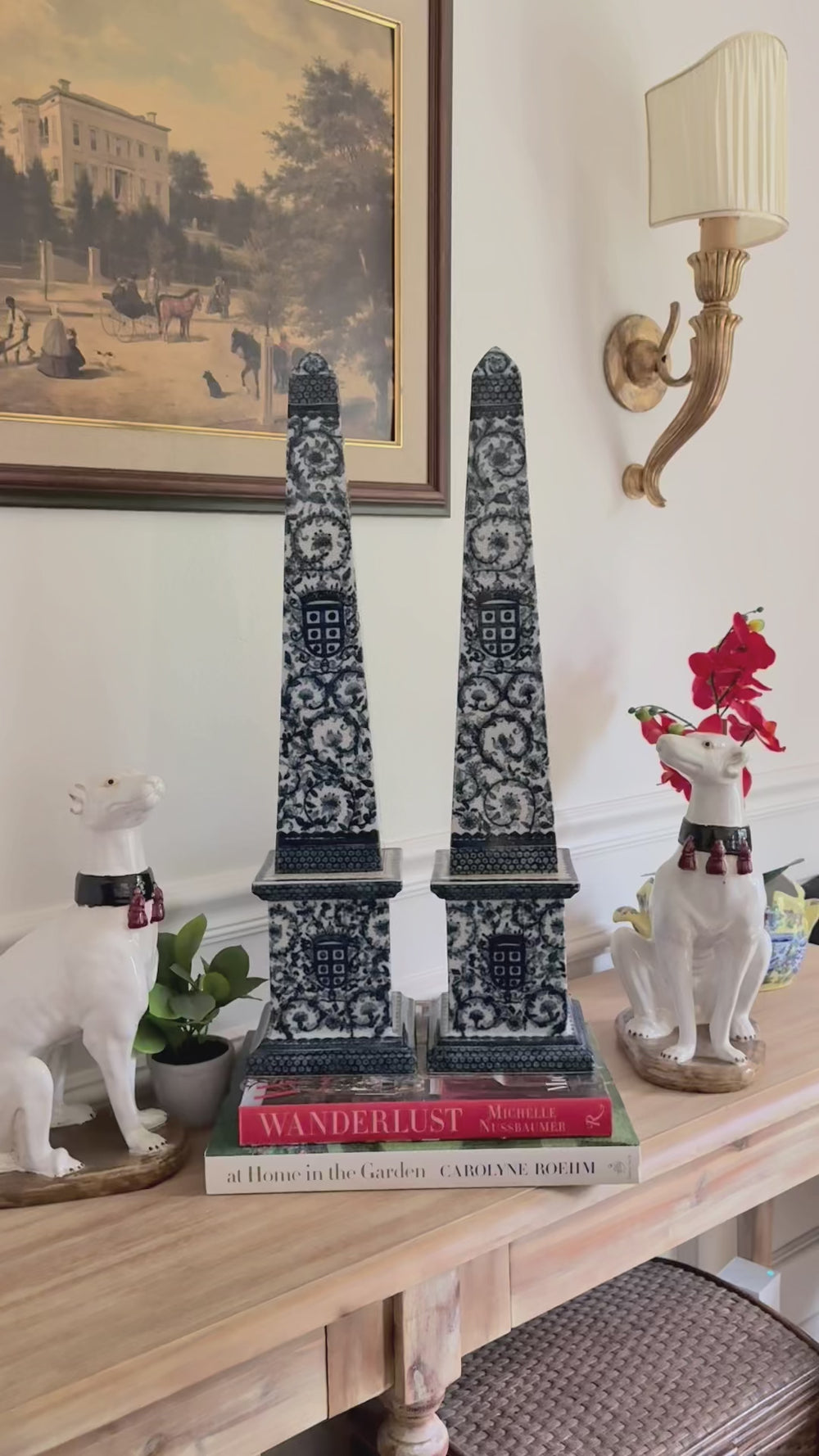 Large Chinese Export Blue and White Ceramic Obelisks