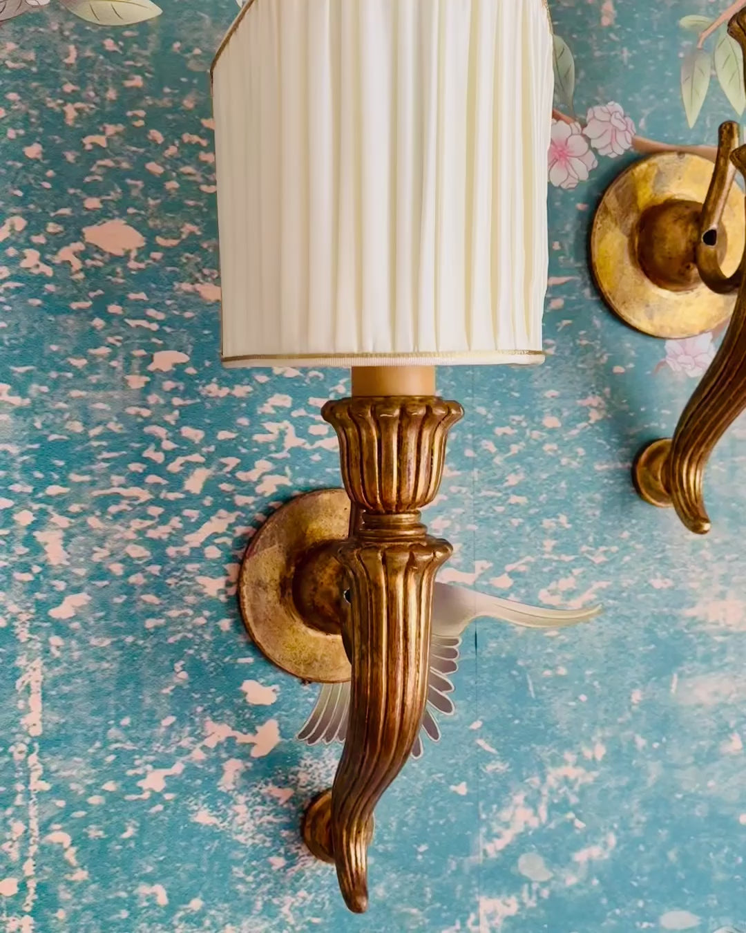 Italian Baroque Giltwood Wall Sconces with Pleated Silk Shades