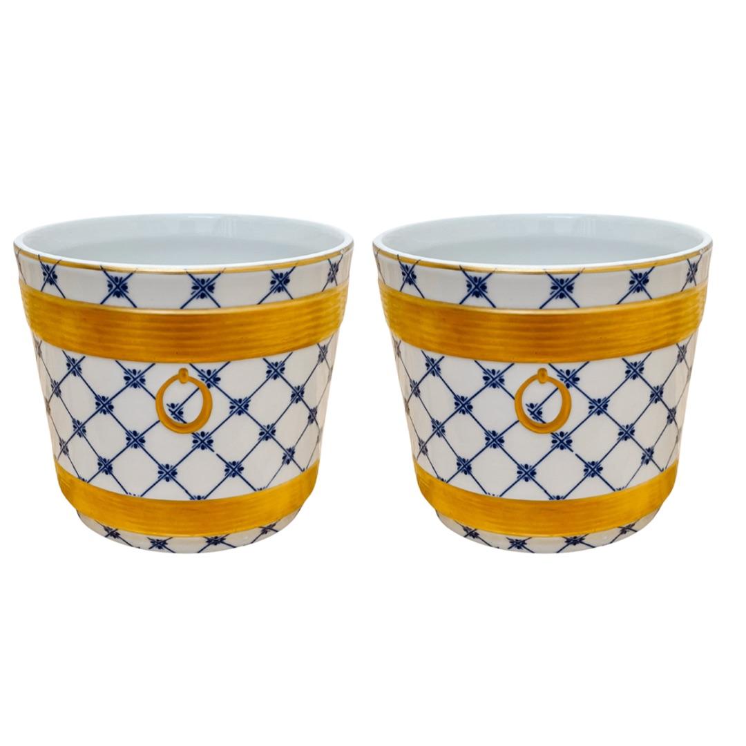 Rococo Style Mangani Blue & White 24 K Gold Cachepots