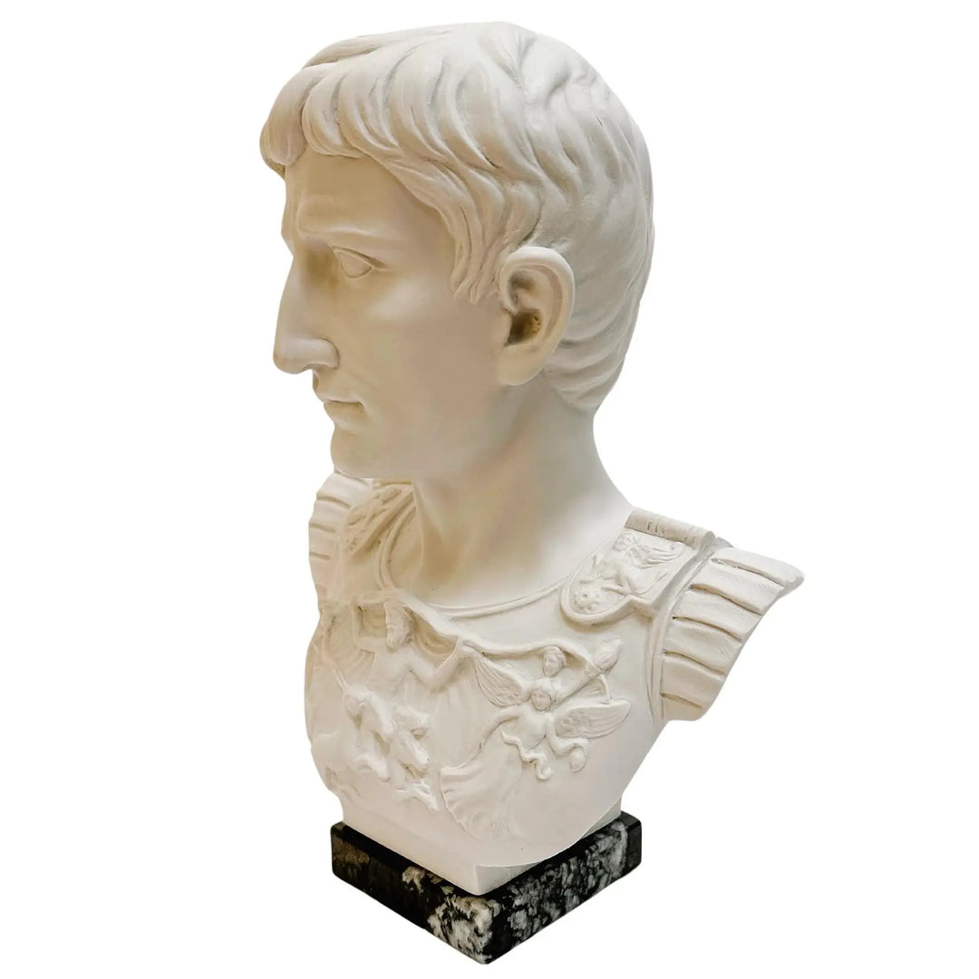 Roman Emperor Octavian Augustus Caesar Bust Sculpture on Marble Base