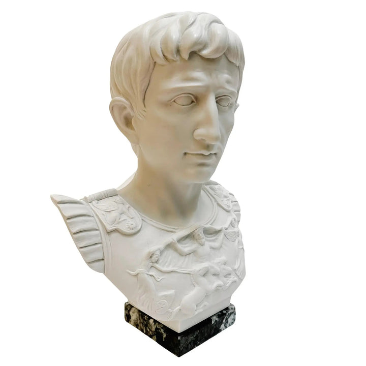 Roman Emperor Octavian Augustus Caesar Bust Sculpture on Marble Base