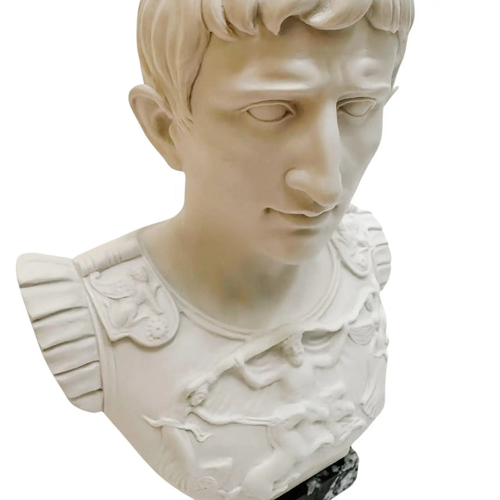 Roman Emperor Octavian Augustus Caesar Bust Sculpture on Marble Base