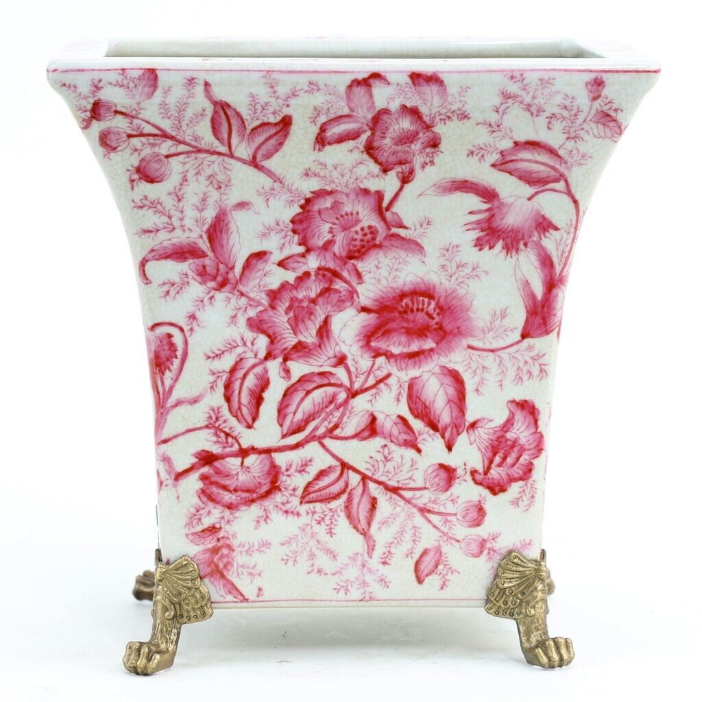 Pink & White Chinoiserie Cachepot Planter With Bronze Ormolu Lion Feet