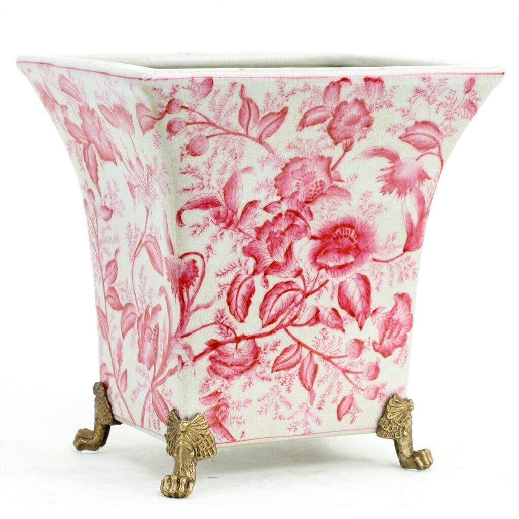 Pink & White Chinoiserie Cachepot Planter With Bronze Ormolu Lion Feet