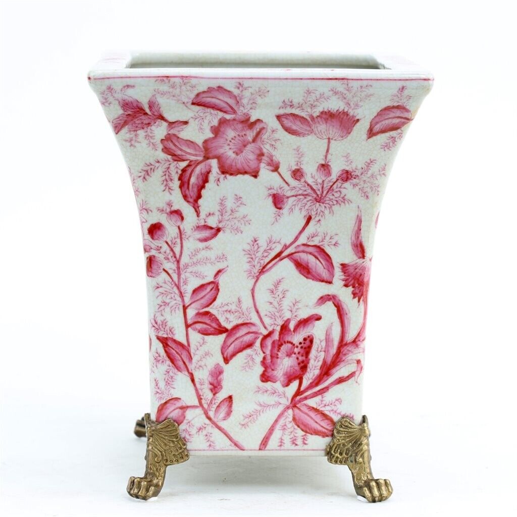 Pink & White Chinoiserie Cachepot Planter With Bronze Ormolu Lion Feet