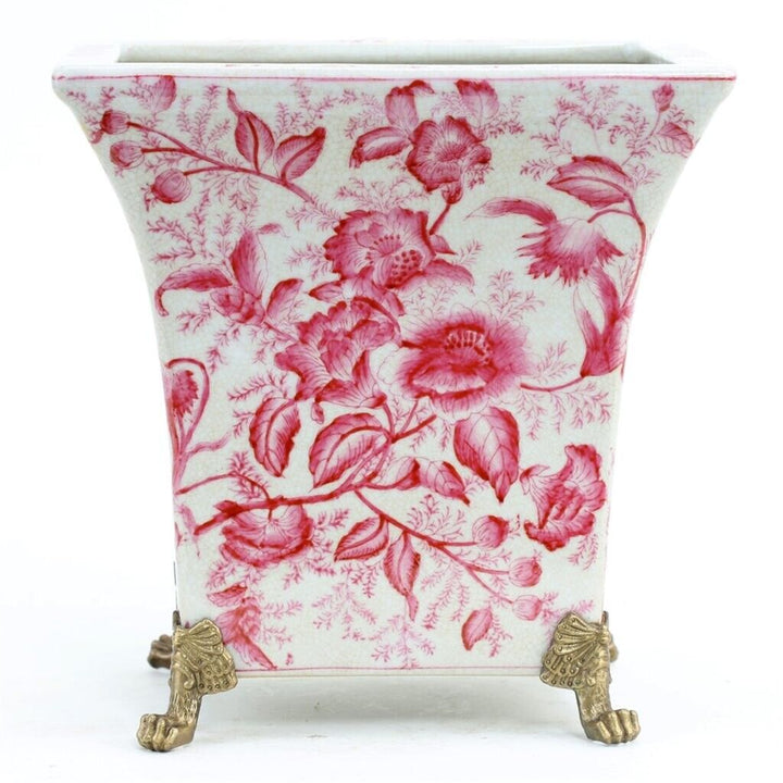 Pink & White Chinoiserie Cachepot Planter With Bronze Ormolu Lion Feet