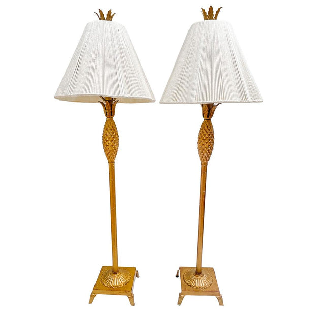 Hollywood Regency Tall Gold Tole Pineapple Table Lamps