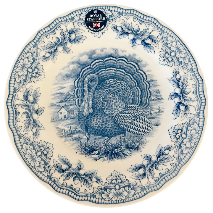 English Blue & White Transferware Turkey Thanksgiving Dinner Plates, Set of 12