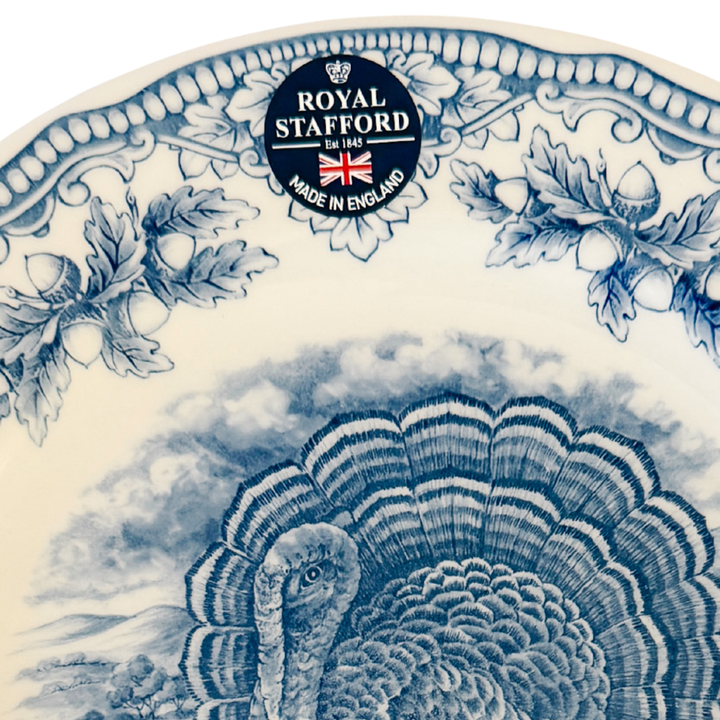 English Blue & White Transferware Turkey Thanksgiving Dinner Plates, Set of 12