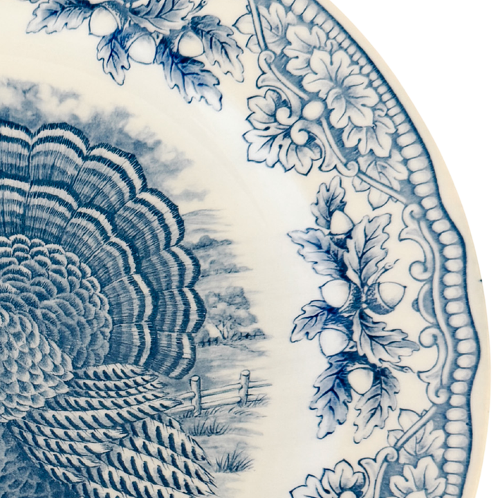 English Blue & White Transferware Turkey Thanksgiving Dinner Plates, Set of 12