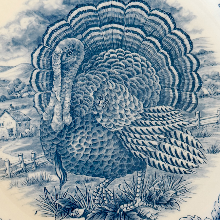 English Blue & White Transferware Turkey Thanksgiving Dinner Plates, Set of 12