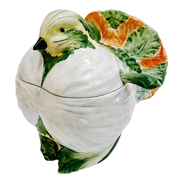 Italian Vietri Hand-Painted 3-Piece Lettuce Bird Tureen