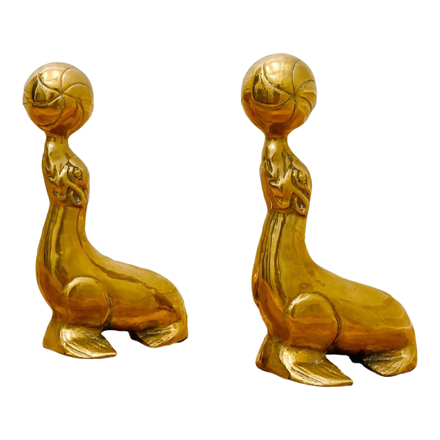 Vintage Pair Of Brass Seals Balancing Balls